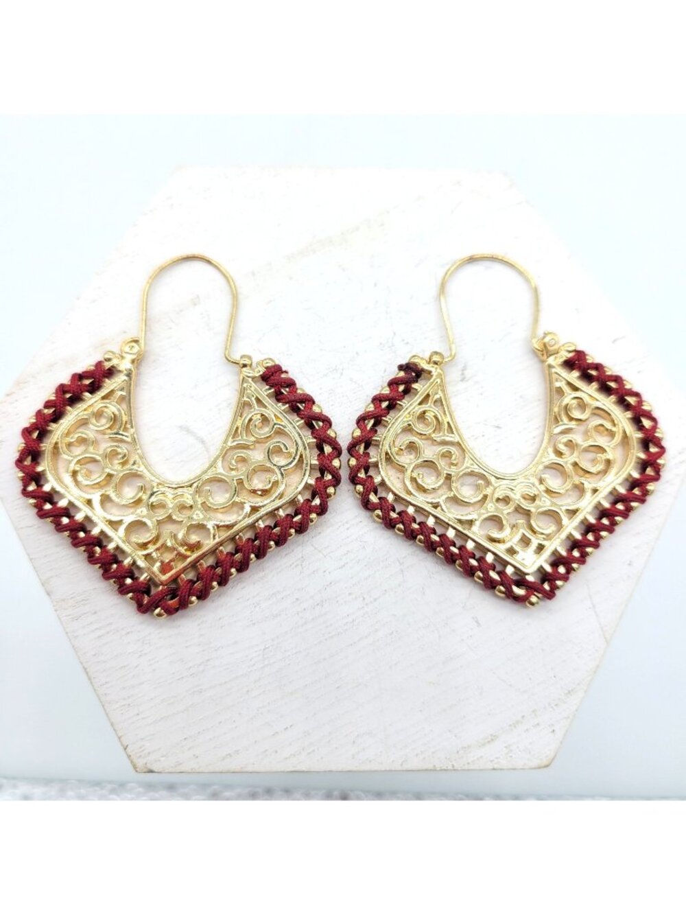 Gold Tone Open work Filigree Earrings Red Macrame Cording